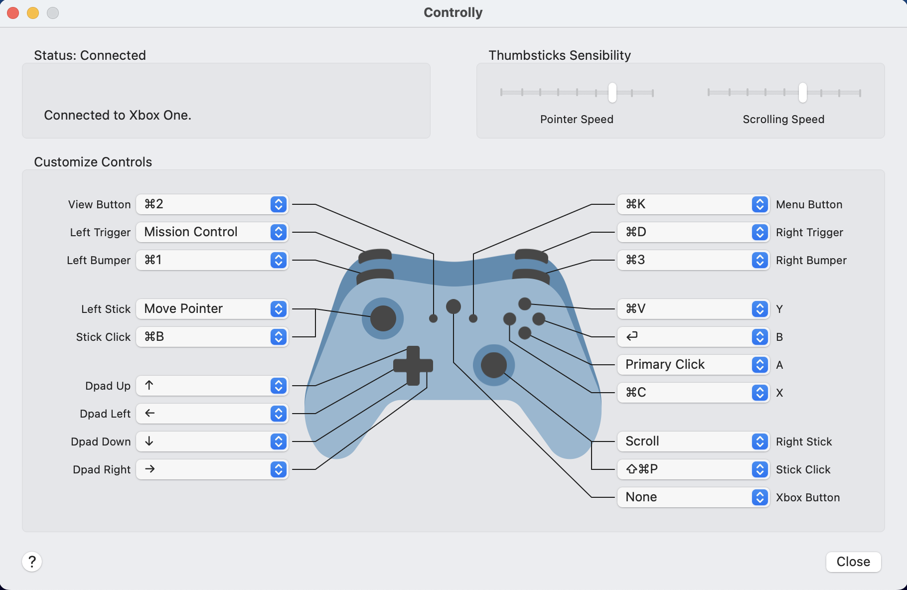 The Controlly app on macOS, showing my Xbox controller with every button mapped to a Claude desktop shortcut.